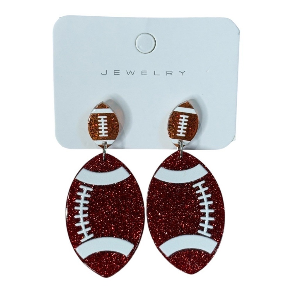 Football Drop Earrings Womens OS Red Glitter‎ Game Day Sports Jewelry Sparkle
